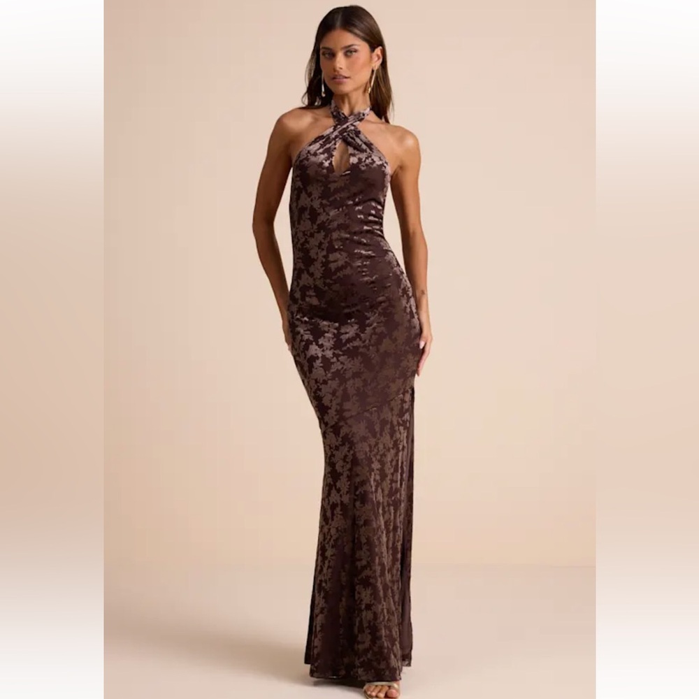 Lulus Sharon Brown Velvet Burnout Halter Maxi Dress